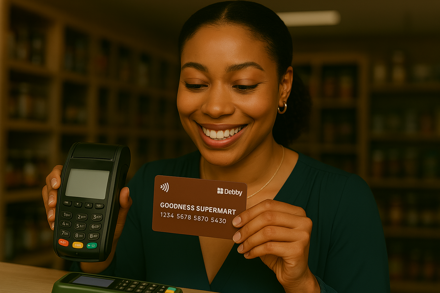 Woman smiling while holding a Debby payment terminal and Goodness Supermart card
