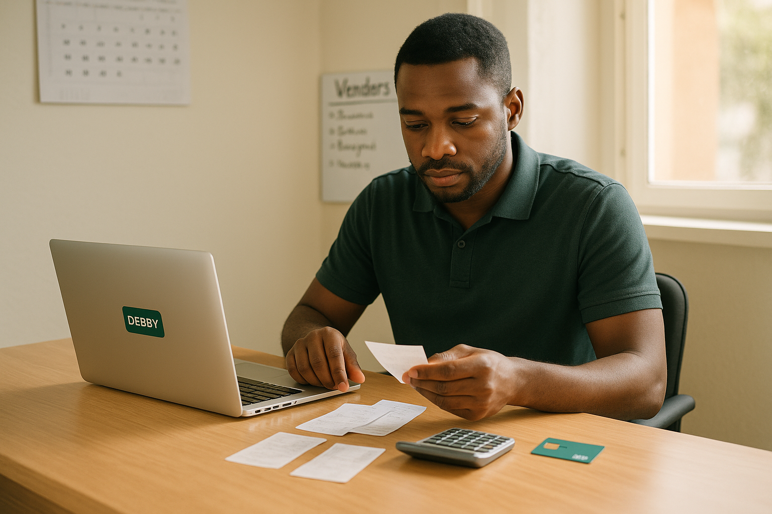 Business owner managing finances and payments with Debby system on laptop